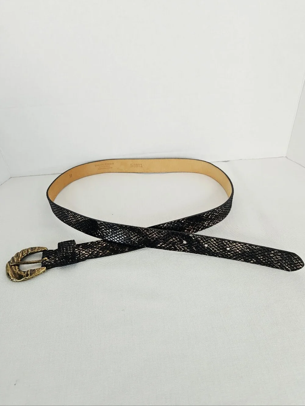 Streets Ahead Snake Embossed Leather Belt Hammered Gold Buckle USA M